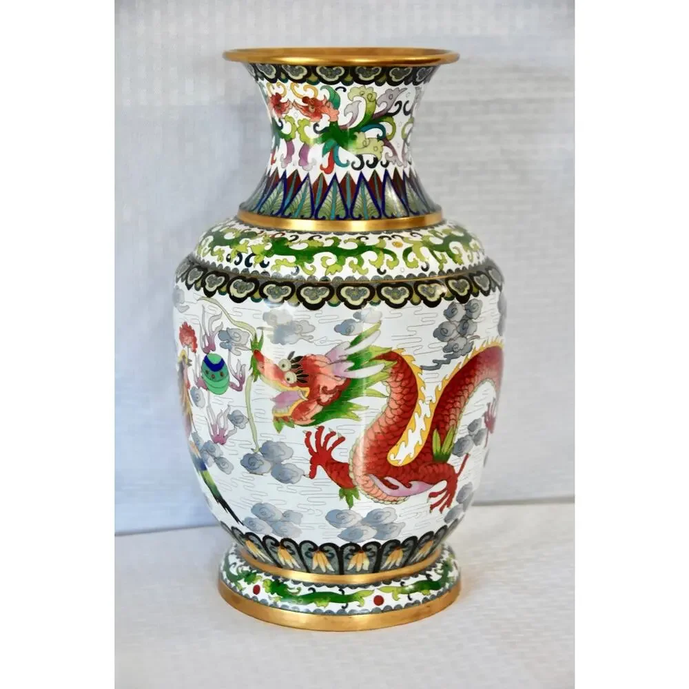 1950s Chinese Bronze Cloisonné Vase With Dragons and Phoenix